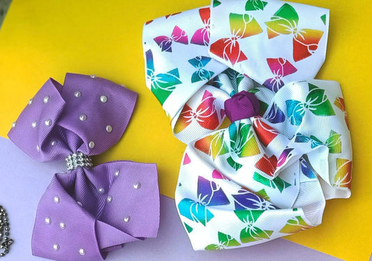 Pack of 2 Bow Hair Clips for Girls – Pearl Purple & Rainbow White